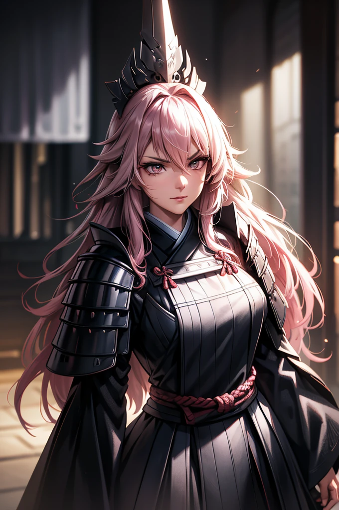 wearing armor One adult female, wearing light armor, wearing  black kimono, Long Hair, pink hair, Grey Eyes, intense sirious, tite waist, full body, hair over eyes, Make order evil, cinematic lighting, cowboy shot, close-up, cinematic lighting, close-up, cowboy shot, UHD, retina, masterpiece, accurate, anatomically correct, textured skin, super detail, high details, high quality, award winning, best quality, highres, 8k, UHD, retina, masterpiece, accurate, anatomically correct, textured skin, super detail, high details, high quality, award winning, best quality, highres