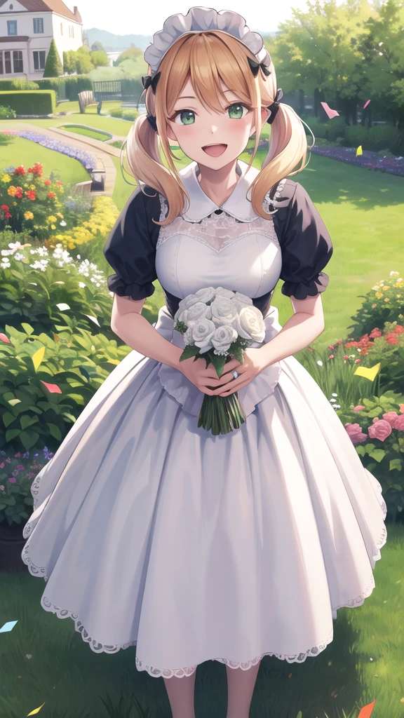 masterpiece, best quality, highres, 1girl, solo, blonde hair, low twintails, maid headdress, hair bow, green eyes, wedding dress, standing, garden, confetti, holding bouquet, smile, open mouth,