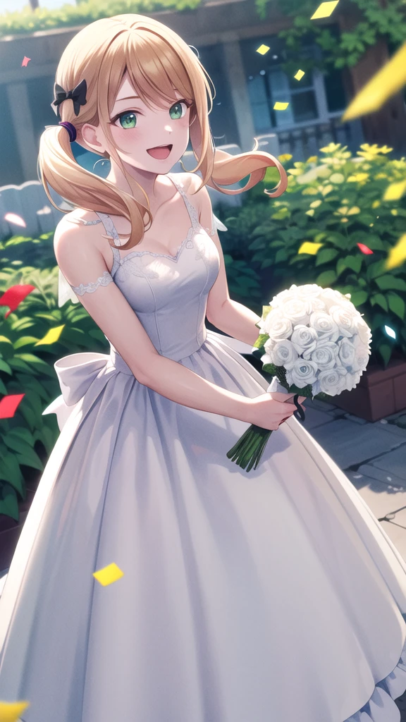 masterpiece, best quality, highres, 1girl, solo, blonde hair, low twintails, hair bow, green eyes, wedding dress, standing, garden, confetti, holding bouquet, smile, open mouth,