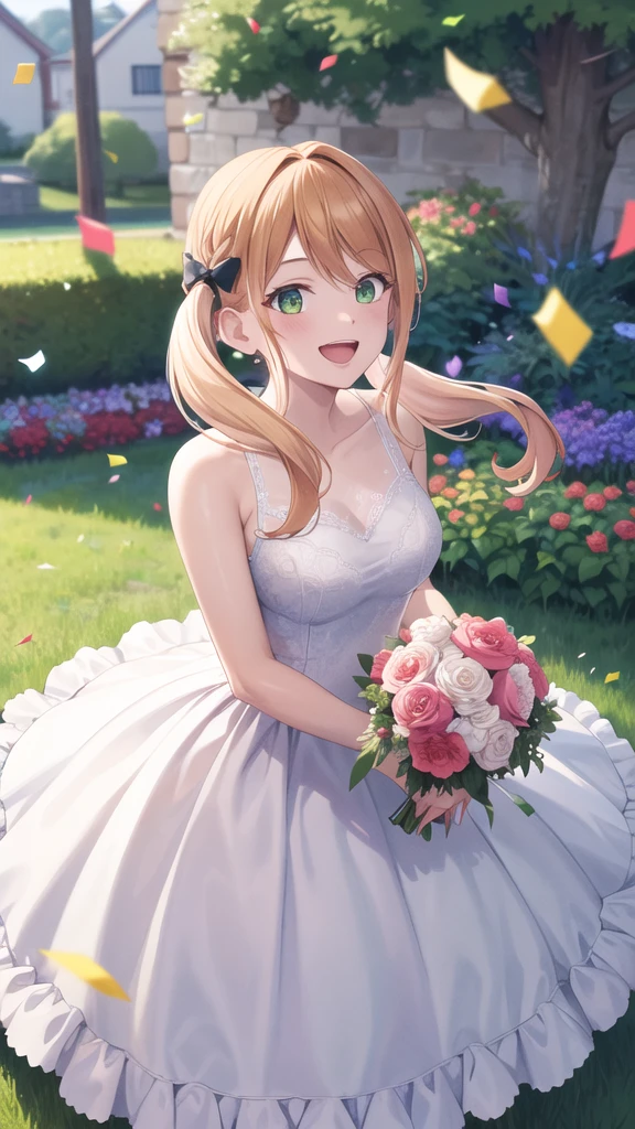 masterpiece, best quality, highres, 1girl, solo, blonde hair, low twintails, hair bow, green eyes, wedding dress, standing, garden, confetti, holding bouquet, smile, open mouth,