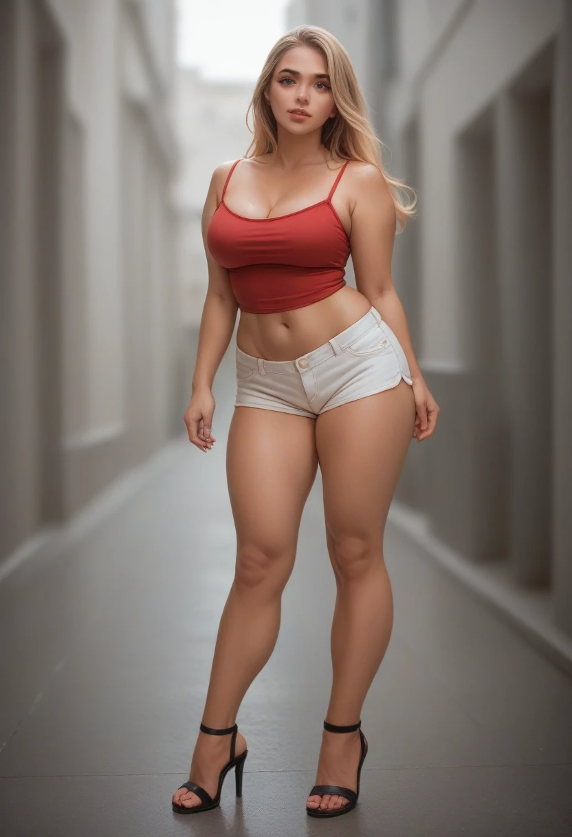 Full body shot of a beautiful female with long wavy dishwater blonde hair with a curvy body and large full natural breasts, wearing a tight low-cut spaghetti strap red tank top, tight short white shorts, open-toe high heel shoes, tanned supple skin, radiant beauty, confident, sweet, alluring, luscious, sultry