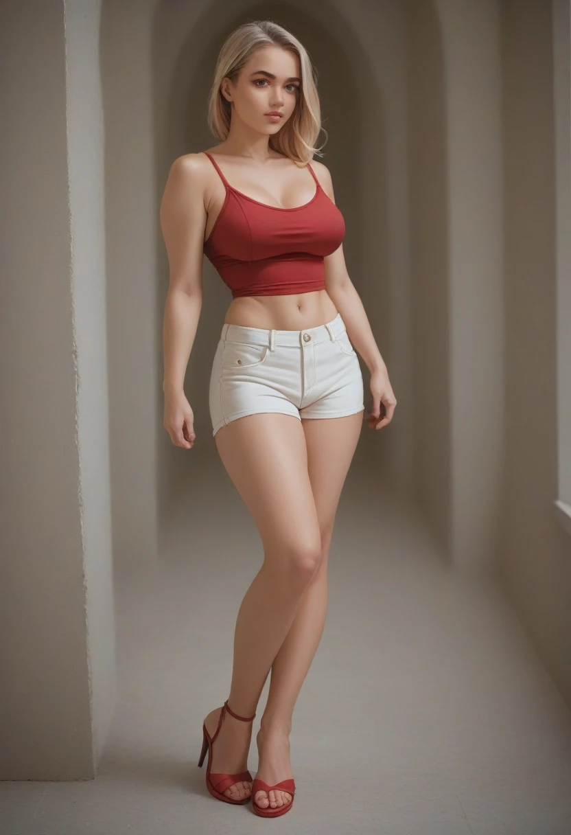 Full body shot of a beautiful female with long wavy dishwater blonde hair with a curvy body and large full natural breasts, wearing a tight low-cut spaghetti strap red tank top, tight short white shorts, open-toe high heel shoes, tanned supple skin, radiant beauty, confident, sweet, alluring, luscious, sultry