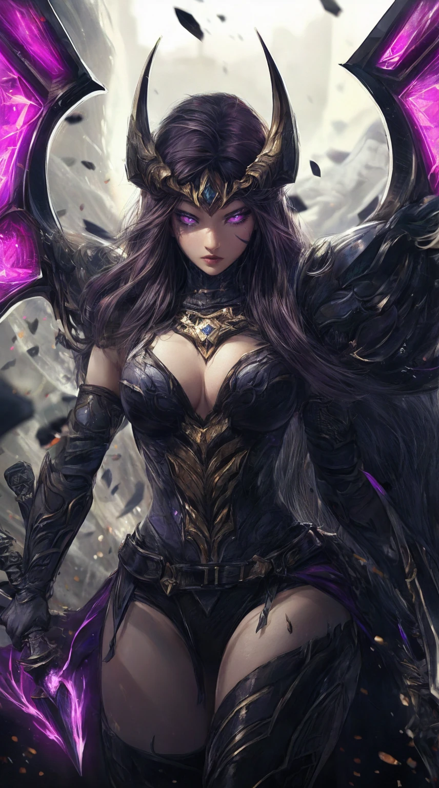 model shoot, (1 girl), long hair, (fantasy warrior:1.5), purple outfit, laces, shining:1.5, hyper realistic, super detailed, Dynamic shot, masterpiece, scene sharp détails, perfect eyes, perfect skin, perfect hands, attractive poses,