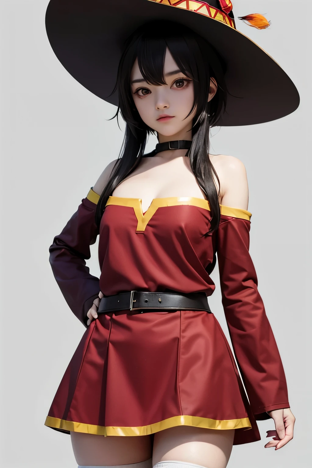 Ultra realistic,  japonese girl ,young  girl , girl ,young body , black  hair, red eyes ,Megumin hat , beautiful face , jovem face , Megumin hat , cosplay Megumin , flat chest , flat chest , red dress , black socks 