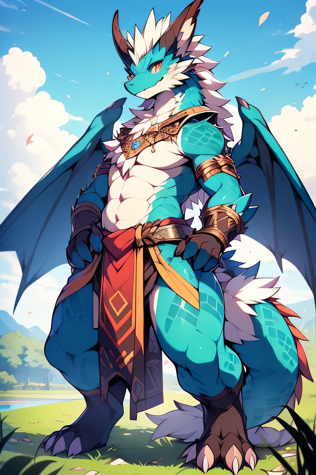 Submitted on e621， （male anthro-dragon）， standing on your feet， solo， musculature， Detailed scale textures， Ancient castle， （battlefiled）， （tribe outfit， （（long loincloth with）））， （Shoulder blades， Leg nails）， （Blue body， White belly）， （Art by Chuni， （Drakgam）， （rakisha））， （Kantana Garson））， （up front view）， Looks pleased， [simplebackground]， Detailed pupils， Masterpiece artwork， Caustics， edge lit， Singlelightsource， Sharp shadows， solo portrait， （Digitigrade）， （common）， Inessa Garmash， greg rutkovsky， Pino Diane， ruanjia， （light particules）， rose petals，anthro,Furry,feral,(digital media \(artwork of a\):1.2),(hi，It's nothing,absurd res:1.2),Perfect anatomy,Anatomically correct,Detailed,Detailed face,Detailed eyes,(Realistic fur,Detailed fur:1.25),Detailed background,amazing background.