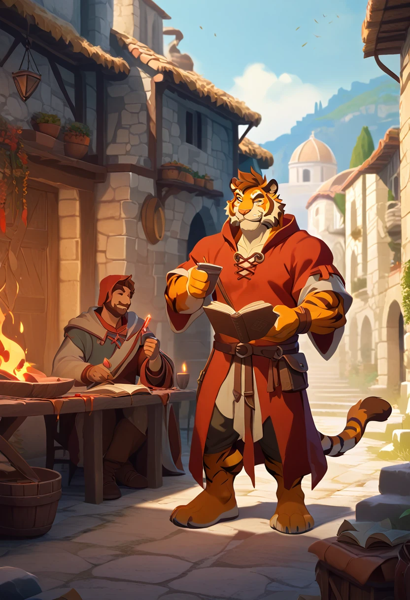 Tiger, shaggy short hair on head, closed eyes, warm smile, muscular, swole, bulky, blood mage, casual medieval shirt, ancient greece town background, book in hand