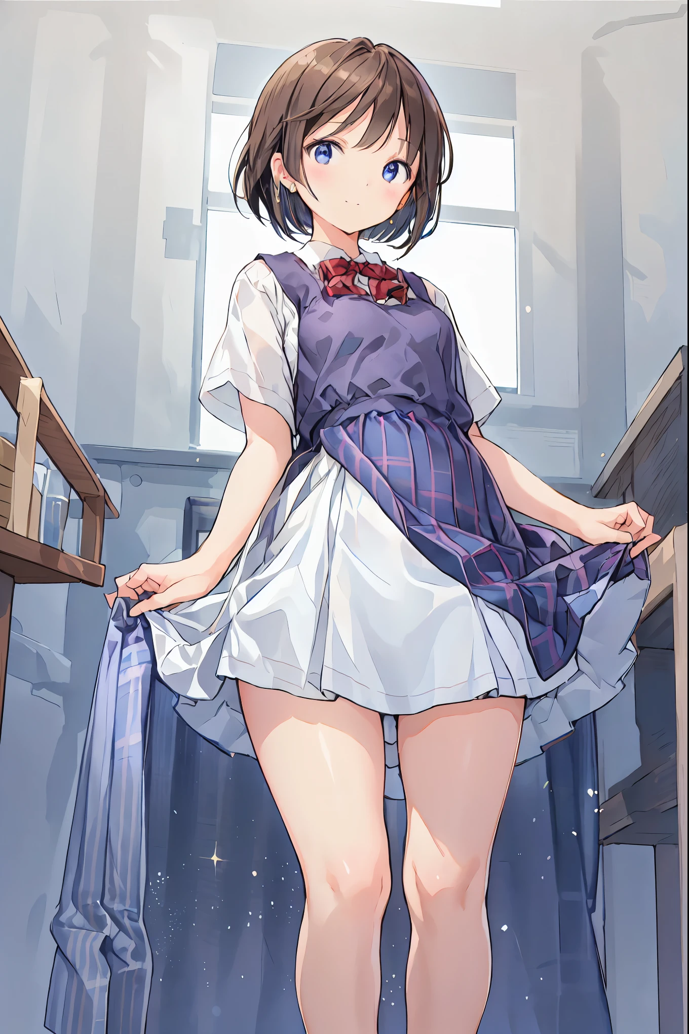 (Best Quality), (  very detailed), (   Best Illustration  ), (masterpiece), (woman),   high-contrast  , (Small breasts), {Brown Hair, (  bob cut  :1.3),   curly hair  ,   hair between eyes  , Internal hair color}, {(fine grain),   blue eyes  }, ,  earrings for a woman alone, wind,Brown Hair，  shortcuts ， Disheveled Hair ， Short braided hair ，Neat，Slender beauty，Correct posture，Small breasts，Beautiful legs， enchanting gray- blue eyes  shine like stars，Droopy eyes，  bright color,  beautiful eyes,A delicate smile, wrinkled skin , Best Quality ,優しくて美しいwoman,アニメwind､