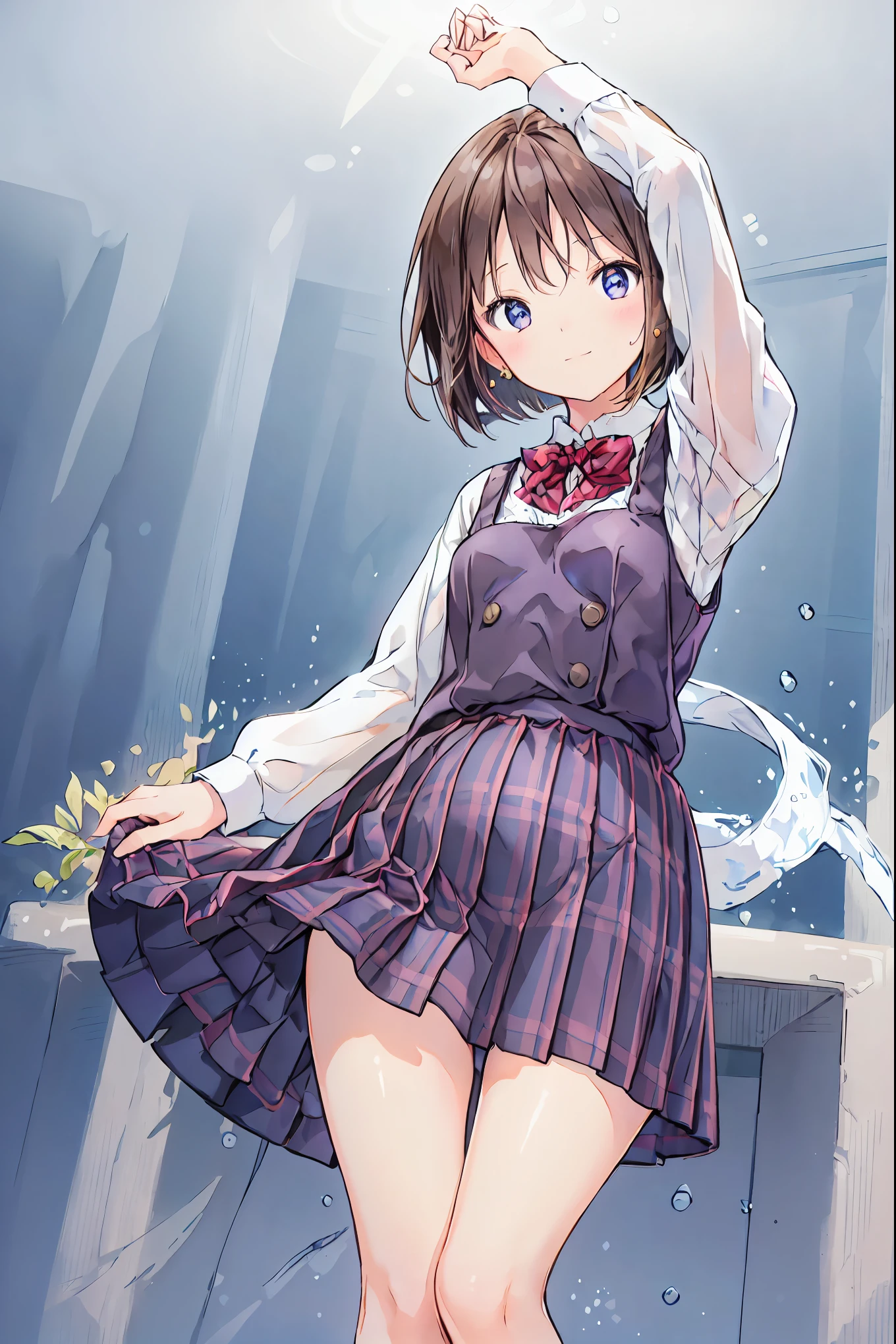 (Best Quality), (  very detailed), (   Best Illustration  ), (masterpiece), (woman),   high-contrast  , (Small breasts), {Brown Hair, (  bob cut  :1.3),   curly hair  ,   hair between eyes  , Internal hair color}, {(fine grain),   blue eyes  }, ,  earrings for a woman alone, wind,Brown Hair，  shortcuts ， Disheveled Hair ， Short braided hair ，Neat，Slender beauty，Correct posture，Small breasts，Beautiful legs， enchanting gray- blue eyes  shine like stars，Droopy eyes，  bright color,  beautiful eyes,A delicate smile, wrinkled skin , Best Quality ,優しくて美しいwoman,アニメwind､