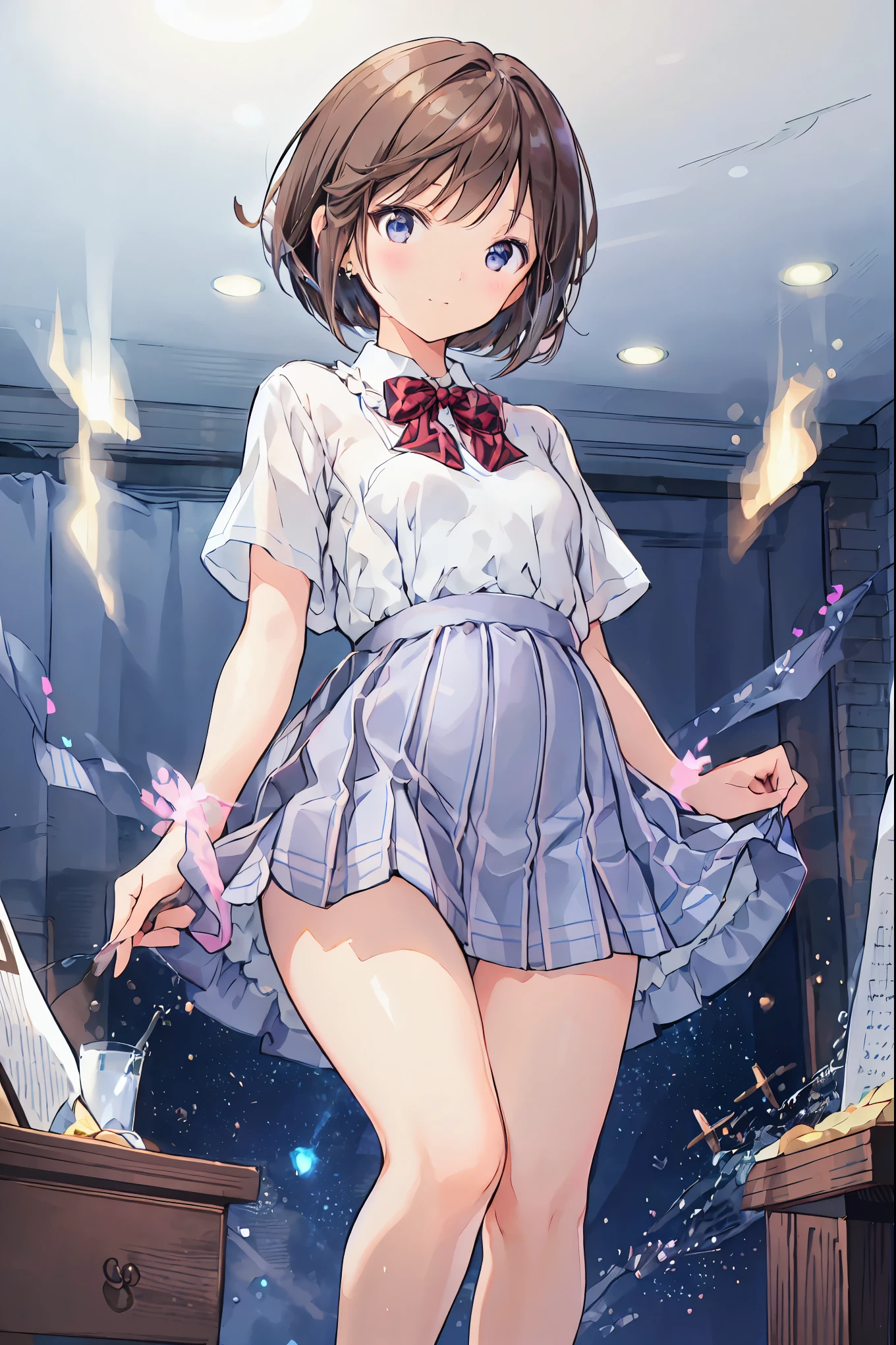 (Best Quality), (  very detailed), (   Best Illustration  ), (masterpiece), (woman),   high-contrast  , (Small breasts), {Brown Hair, (  bob cut  :1.3),   curly hair  ,   hair between eyes  , Internal hair color}, {(fine grain),   blue eyes  }, ,  earrings for a woman alone, wind,Brown Hair，  shortcuts ， Disheveled Hair ， Short braided hair ，Neat，Slender beauty，Correct posture，Small breasts，Beautiful legs， enchanting gray- blue eyes  shine like stars，Droopy eyes，  bright color,  beautiful eyes,A delicate smile, wrinkled skin , Best Quality ,優しくて美しいwoman,アニメwind､