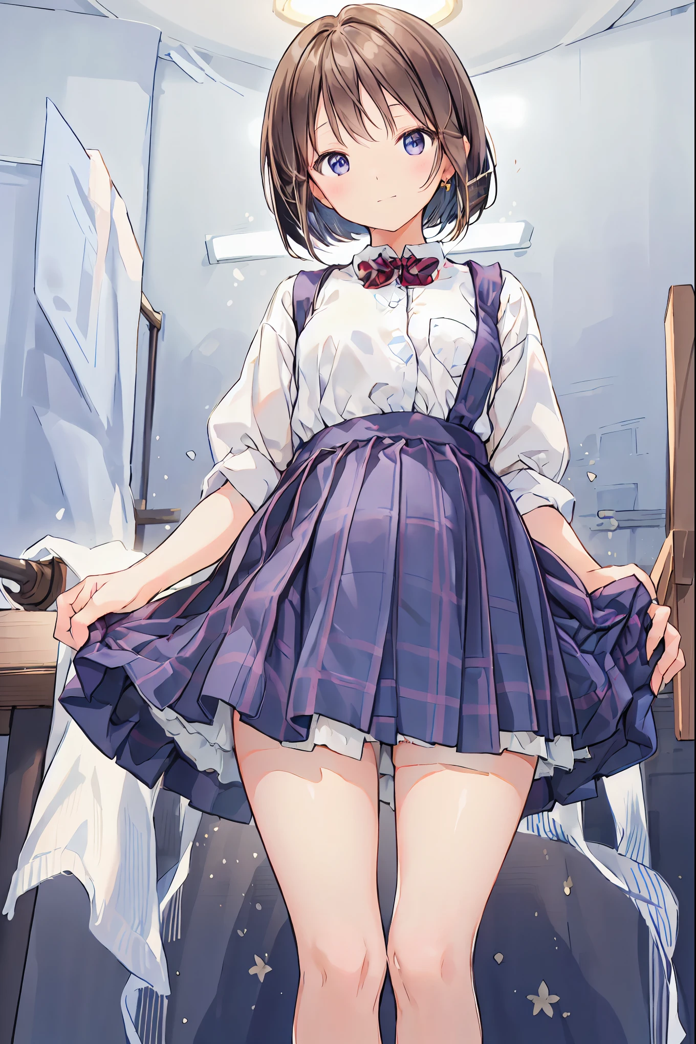 (Best Quality), (  very detailed), (   Best Illustration  ), (masterpiece), (woman),   high-contrast  , (Small breasts), {Brown Hair, (  bob cut  :1.3),   curly hair  ,   hair between eyes  , Internal hair color}, {(fine grain),   blue eyes  }, ,  earrings for a woman alone, wind,Brown Hair，  shortcuts ， Disheveled Hair ， Short braided hair ，Neat，Slender beauty，Correct posture，Small breasts，Beautiful legs， enchanting gray- blue eyes  shine like stars，Droopy eyes，  bright color,  beautiful eyes,A delicate smile, wrinkled skin , Best Quality ,優しくて美しいwoman,アニメwind､