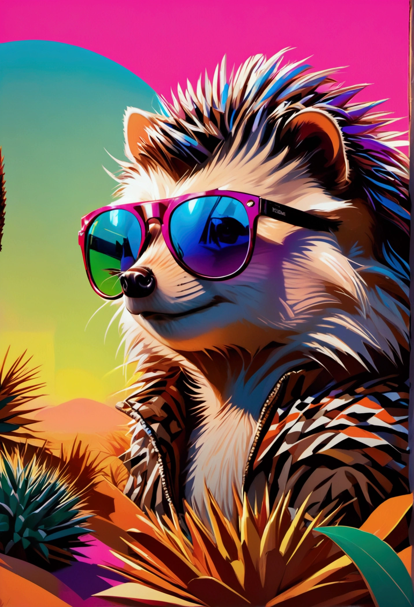 realistic,    detailed depiction of a hedgehog in a standing position, Background white, With colorful sunglasses in pop art style    