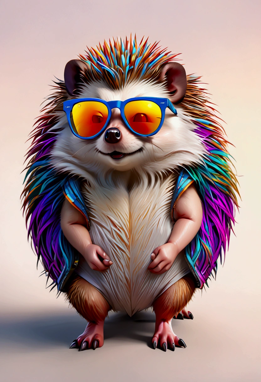 realistic,    detailed depiction of a hedgehog in a standing position, Background white, With colorful sunglasses in pop art style    