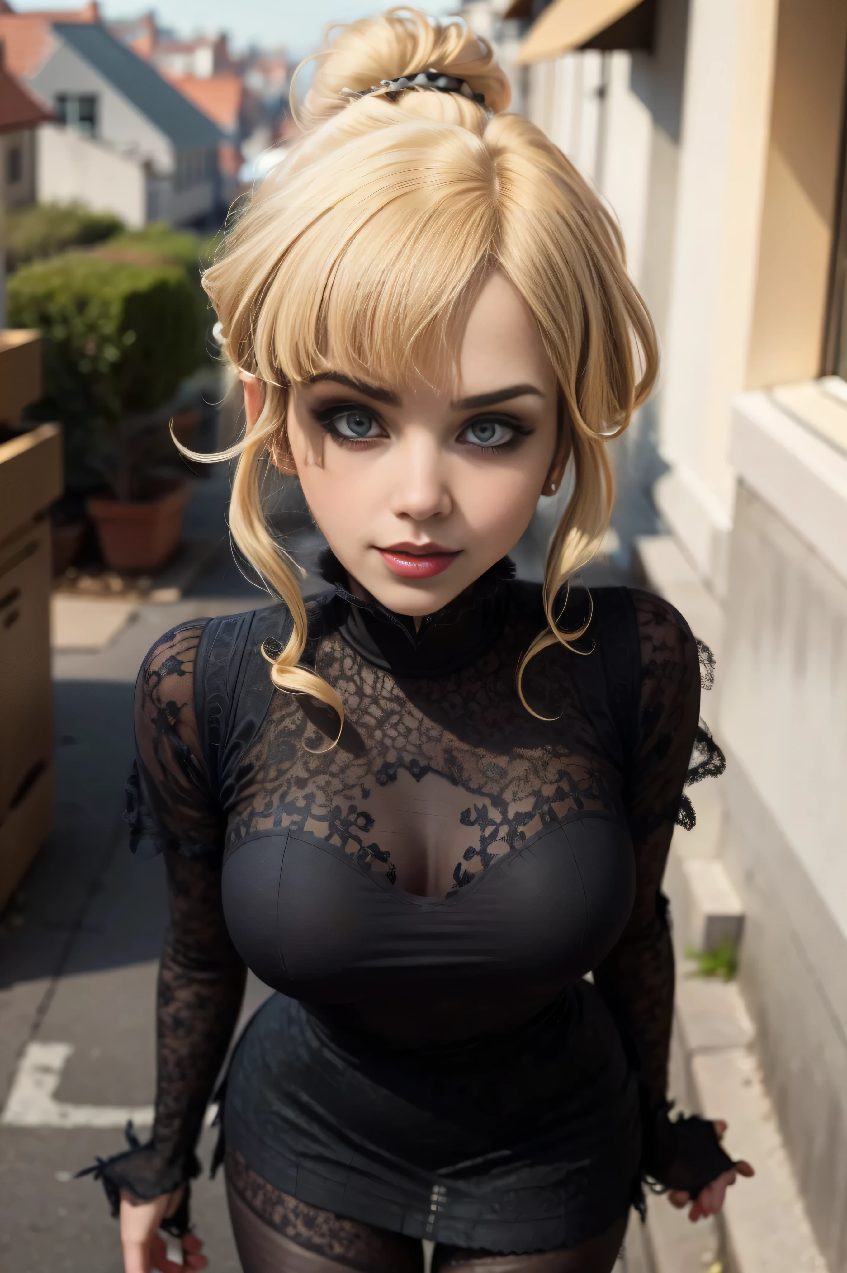 (Tinker Waifu:1), smile, (sexy, naughty pose), tough, Goth girl, black mascara, goth makeup, like face, looking at the viewer, Expressive eyes, big breasts, neckline, single hair bun, short hair, (Goth strapless dress:1), (fairy wings), (Focus on breasts:1.2), (Julius Zimmerman Style), from above, (realist:1.2), (Realism), (masterpiece:1.2), (Best Quality), (ultra detailed), (8k, 4k, Intricate), (Full body photo:1), (cowboy shot:1.2), (85mm), light particles, switched on, (Very detailed:1.2), (detailed face:1.2), (gradients), striking, (detailed eyes:1.2), (detailed background), detailed landscape, (dynamic angle:1.2), (dynamic pose:1.2), (Third rule_Composition:1.3), (Line of action:1.2), light, alone, sexy, show skin