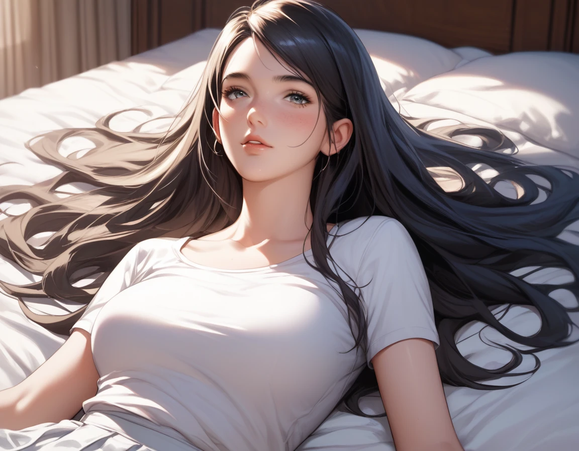 anime girl in white underwear laying on bed with long hair, seductive anime girl, smooth anime cg art, beautiful alluring anime teen, beautiful alluring anime woman, anime girl with long hair, | fine detail anime, ecchi, hands behind her body pose!, visual novel cg, lying in bed, her back is to us, lying at the bed, oppai
