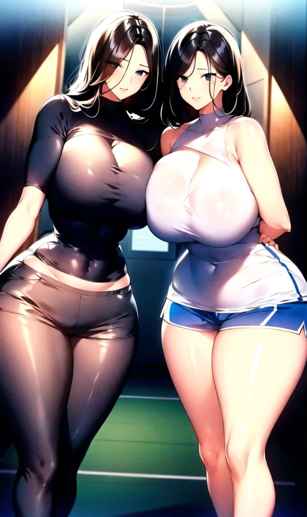 Two sisters, adult women. Comparing their height and their breasts. Standing breast to breast, eye to eye. Sister on the left is 6ft 7in tall and 275lbs with immense J-cup breasts that project far outward. Brown hair in a loose bun at the back. Leggings and tube top. Sister on the right is 6ft 3in tall and 235lbs with moderately large breasts and bubble butt. She is wearing short shorts and a halter top. She has mediun length black hair brushed to one side.They smile but they are feeling competitive. The shorter sister looks more jealous. Standing on a tennis court.