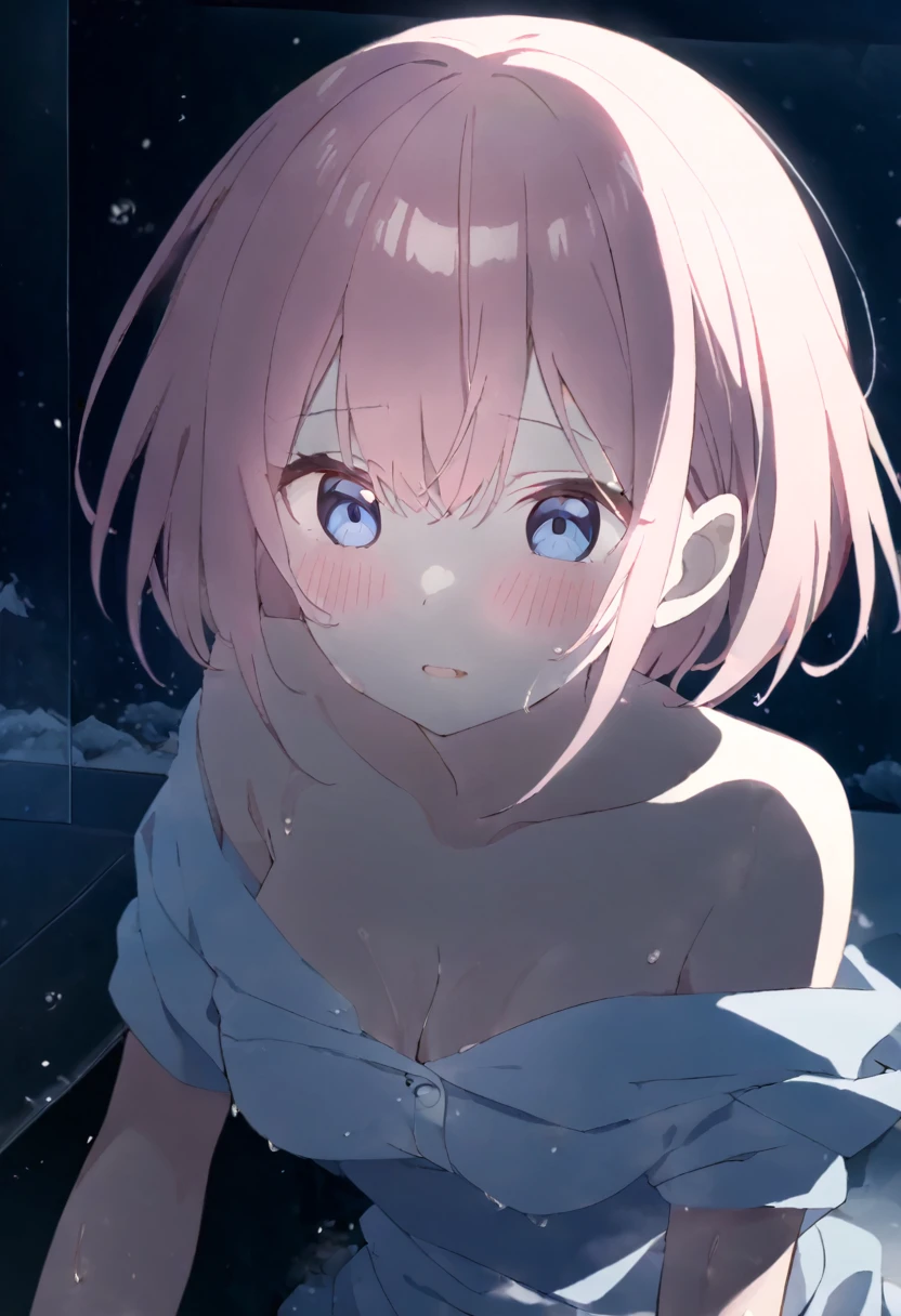 solo,  ichika nakano, VERY short hair, bangs, blue eyes, hair between eyes, pink hair,　 empty eyes ,large breasts, nipple, ,, Heavy snowfall area　frozen (Sweating profusely, Love juice, Wet Woman, female ) crying mountain Alone, crying, Naked, 　Restaurant , Peeing, lactation, projectile lactation