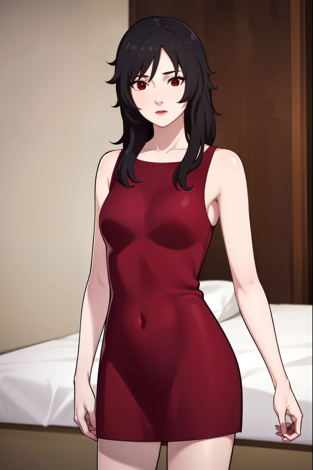 crimson, crimson,  long hair,  black hair , (red eyes:1.5), make up, lipstick,
Break dress, neckline, red dress, sleeveless,
Break looking at viewer,  full body , (tiro de vaquero:1.5),
Break indoors, bed,
Break ( masterpiece :1.2), Better quality, high resolution,  black dress with short skirt , ( illustration:0.8), ( beautiful detailed eyes :1.6), cara extremadamente detallada, perfect lighting, extremely detailed cg, ( Perfect hands, perfect anatomy),