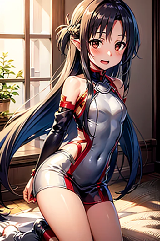 ((Best Quality)), ((masterpiece)), (be familiar with),  perfect face, indoor, bedroom,  watching viewers,
One woman, Yuuki Asuna,
 characters with open mouth ,  ecstatic expression , blush, smile,
Small breasts,  flat chest, , ,  kids, Girl,
Long Hair,  long hair,
Leg spread,