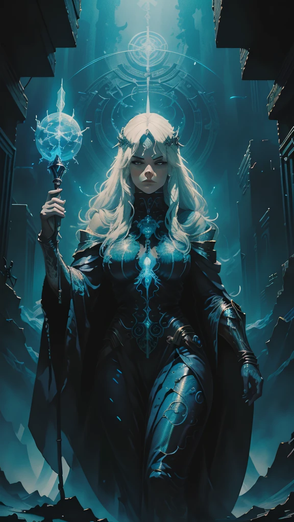 A mysterious, powerful sorceress from the far future, floating in mid-air surrounded by swirling blue and purple energy. She wears flowing robes made of dark metallic fibers that shimmer with green and blue lights. Her skin has a slight metallic sheen, and her eyes glow white. She holds an ancient, glowing staff, and arcane symbols hover around her. In the background, a futuristic cityscape with neon-lit buildings rises against a dark, stormy sky. The image is mystical, intense, and highly detailed, capturing the surreal style of 1980s heavy metal art."