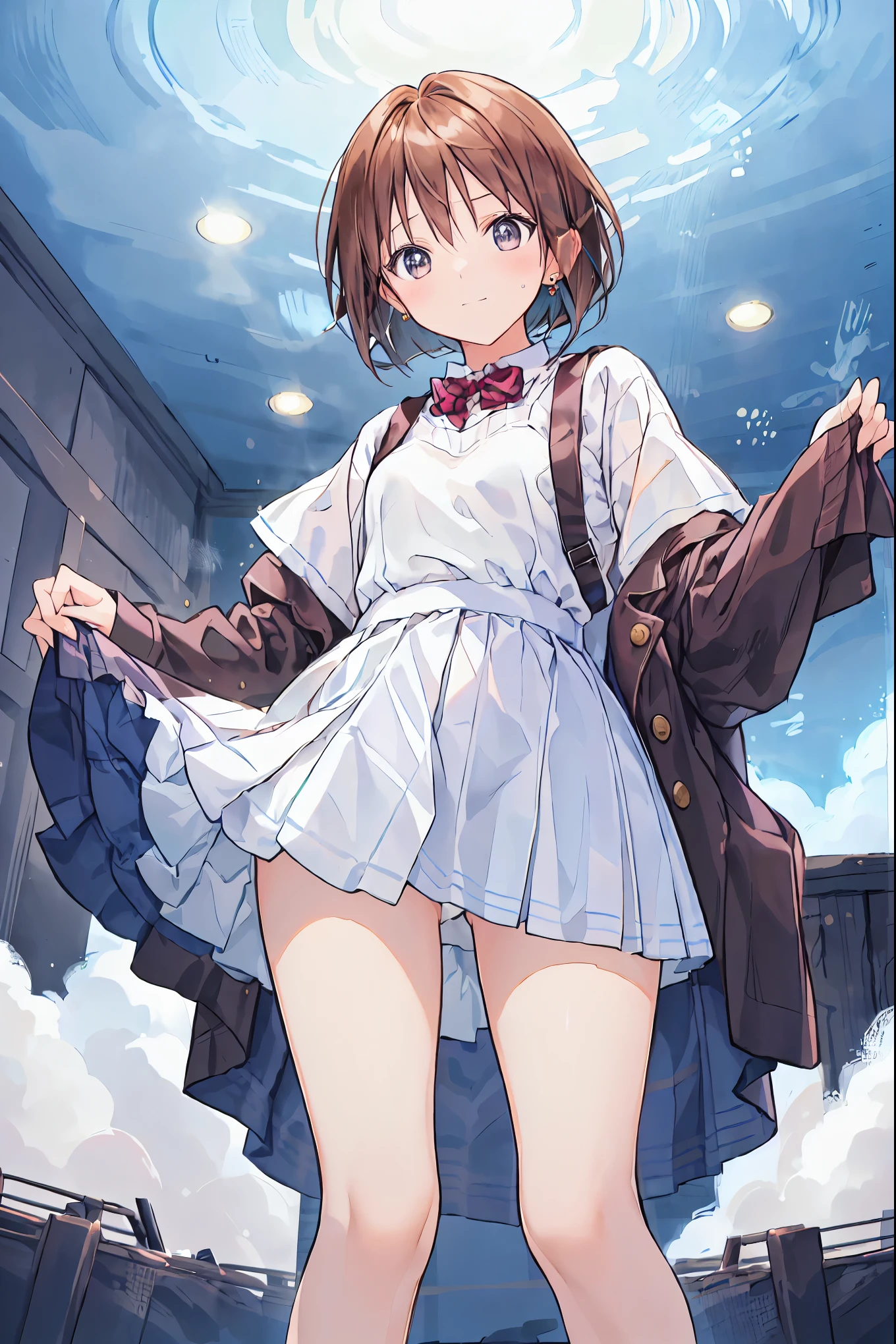 (Best Quality), (  very detailed), (   Best Illustration  ), (masterpiece), (woman),   high-contrast  , (Small breasts), {Brown Hair, (  bob cut  :1.3),   curly hair  ,   hair between eyes  , Internal hair color}, {(fine grain),   blue eyes  }, ,  earrings for a woman alone, wind,Brown Hair，  shortcuts ， Disheveled Hair ， Short braided hair ，Neat，Slender beauty，Correct posture，Small breasts，Beautiful legs， enchanting gray- blue eyes  shine like stars，Droopy eyes，  bright color,  beautiful eyes,A delicate smile, wrinkled skin , Best Quality ,優しくて美しいwoman,アニメwind､