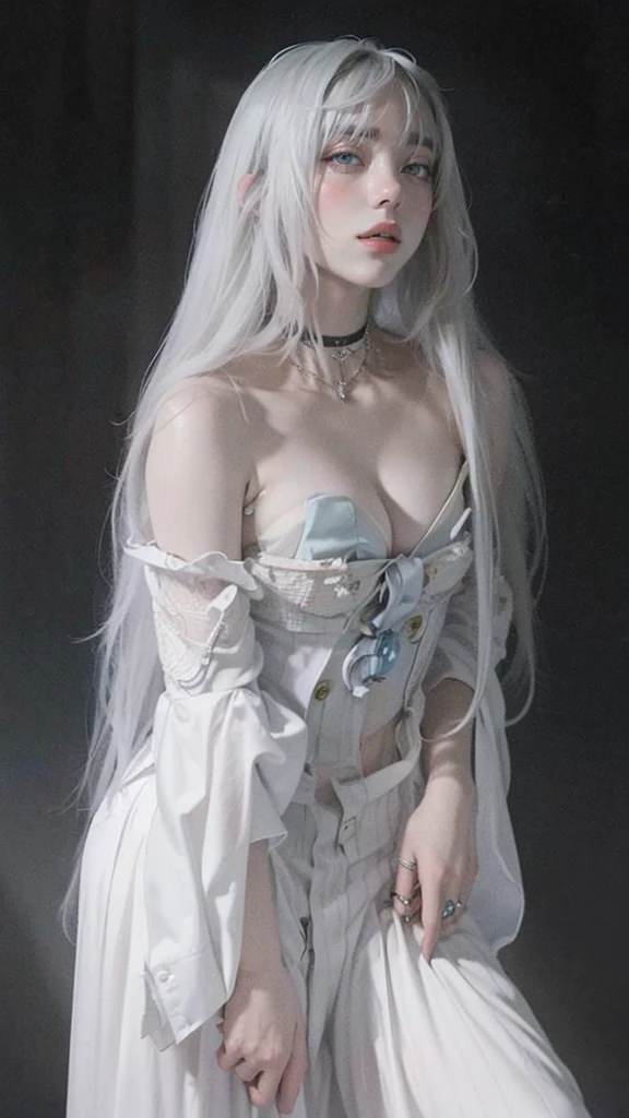 masterpiece, Highest quality, (alone focus), (Perfect Face:1.1), (Attention to detail:1.1),dramatic, 1 person, (Pale skin), Long white hair, White eyes, alone, Long Hair, moon, night, White luxury suit, vampire, Covered navel, Pouting, Covered, Victorian cities, Detailed Background, Gothic Renaissance, Cinema Lighting,