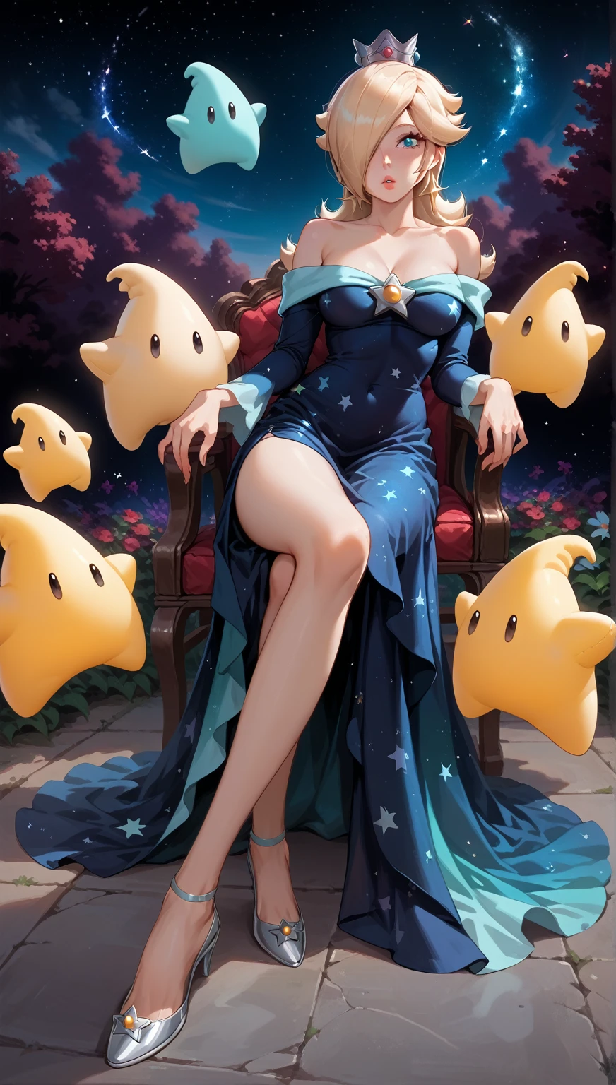 1girl, solo, Princess Rosalina, super Mario Bros, Princess Rosalina, (((in a cosmic scenary))), Hot cleavage, starry night dress, crossed legs in sexy pose, sit down, (((Star-shaped neckline)))