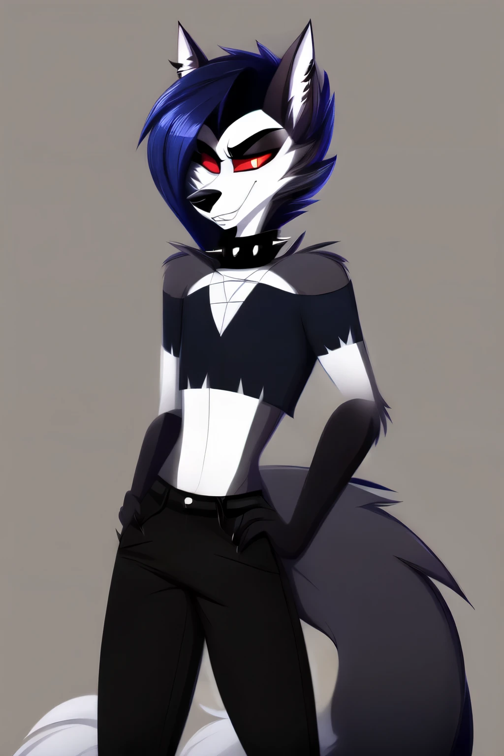 safe content, by vivziepop, mammal, canid, canid demon, demon, canine, monster, anthro, male, fur, solo, hair, black body, blue fur, helluva boss, hellhound, black pants, , concept art