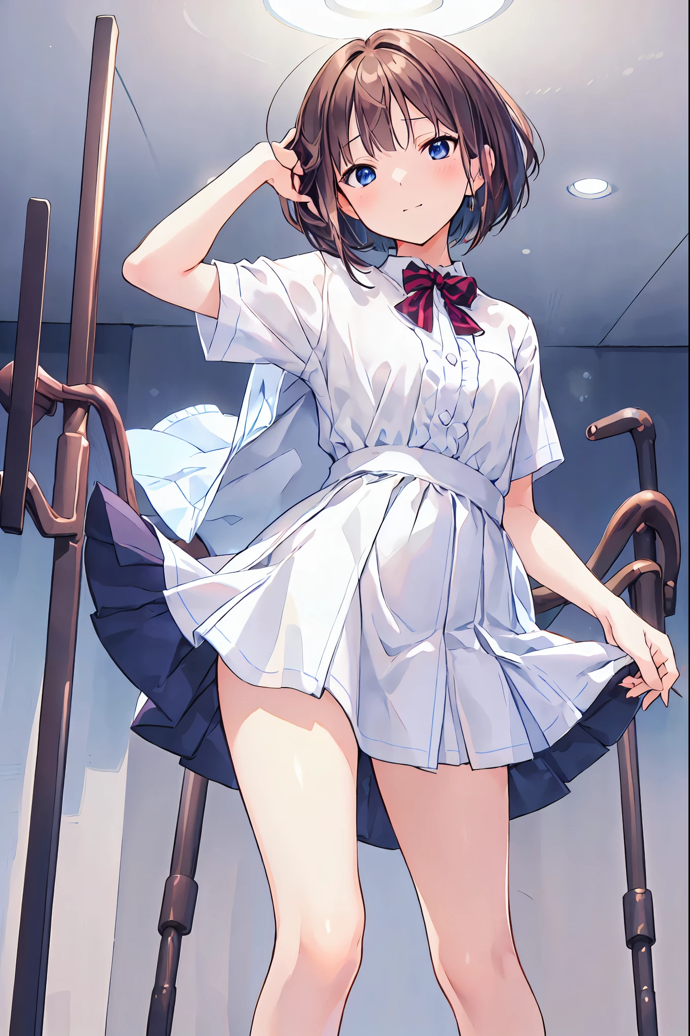 (Best Quality), (  very detailed), (   Best Illustration  ), (masterpiece), (woman),   high-contrast  , (Small breasts), {Brown Hair, (  bob cut  :1.3),   curly hair  ,   hair between eyes  , Internal hair color}, {(fine grain),   blue eyes  }, ,  earrings for a woman alone, wind,Brown Hair，  shortcuts ， Disheveled Hair ， Short braided hair ，Neat，Slender beauty，Correct posture，Small breasts，Beautiful legs， enchanting gray- blue eyes  shine like stars，Droopy eyes，  bright color,  beautiful eyes,A delicate smile, wrinkled skin , Best Quality ,優しくて美しいwoman,アニメwind､