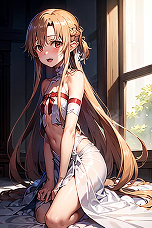 ((Best Quality)), ((masterpiece)), (be familiar with),  perfect face, indoor, bedroom,  watching viewers,
One woman, Yuuki Asuna,
 characters with open mouth ,  ecstatic expression , blush, smile,
Small breasts,  flat chest, , ,  kids, Girl,
Long Hair,  long hair,
Leg spread,