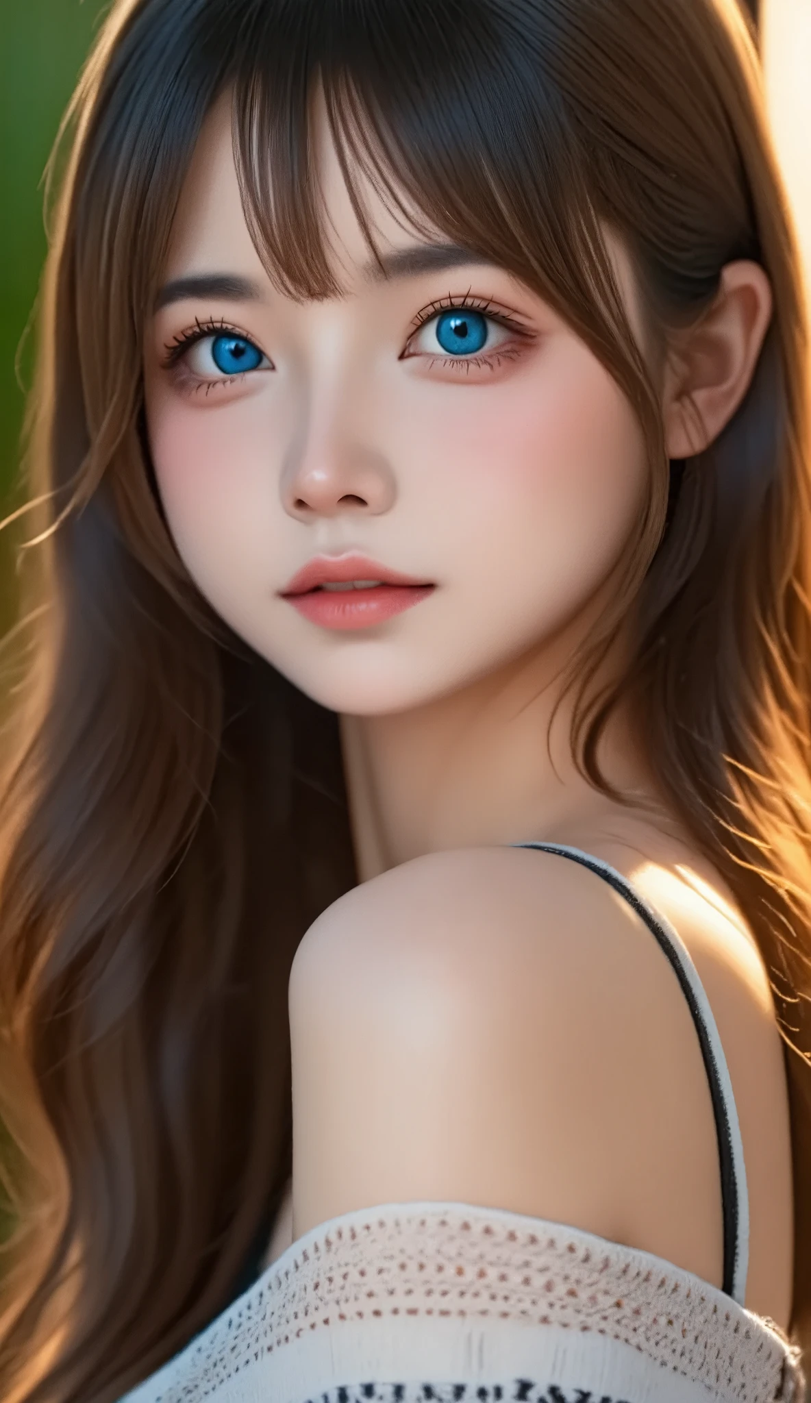 （masterpiece）， （  ultra-detail ））， （  Highly Detailed CG Illustrations  ）， （No facial expression）， （ best quality：1.2），  realistic 8K UHD ，Kilo，（1人の girl：1.2）， expensive quality textures， Intricate Details ， detailed textures，Depicted in detail，expensiveディテール， Extremely Detailed CG ，expensive quality shadows，Realistic facial expressions，Beautiful and delicate detailed face，Detailed beautiful and delicate eyes，Brown pupil，Perfectly Proportioned Face， depth of field ， Cinematic Light ， lens flare glow ， ray tracing， see-through ，20th Generation，expensivelight the nose，Narrow Face， girl，（Large Eyes：1.2）， blush lash ，Glossy lips， PERFECT BODY ，Slender body，Particles of light，（Small waist：1.3）， large clevic chest， clear_image，expensive_resolution，（Glowing Skin），Individual focus，（Brown Hair），（ beautiful eyes and delicate face ），（Detailed face），（Striped Hair），  Light source contrast，   Wear Only Short Detailed Hair ， （smile））， （pureerosface_v1：0.5） ， （Urzang-6500-v1 Edition.1：0.5），