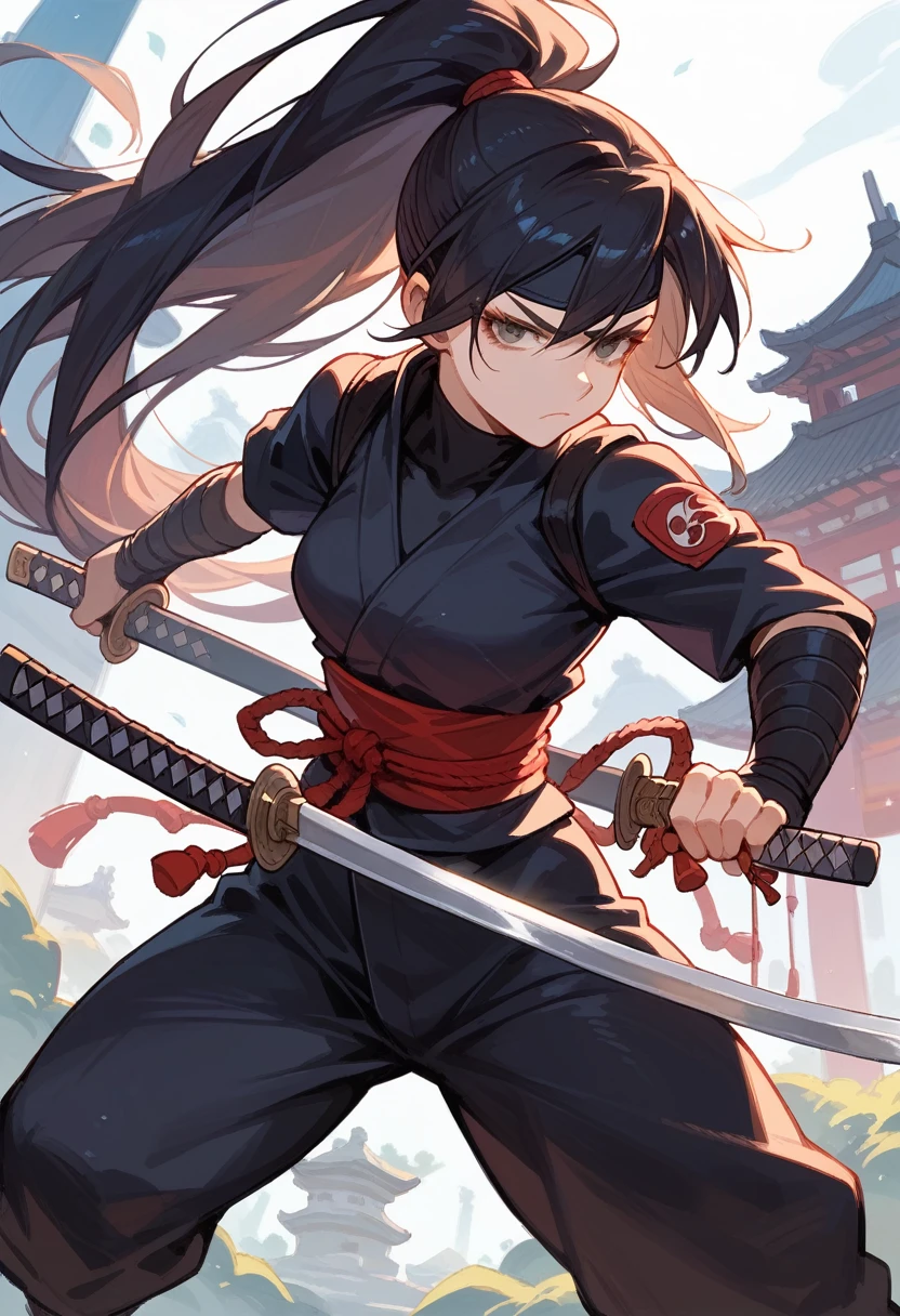 score_9, score_8_up, score_7_up, beauty ninja girl, high ponytail, black ninja outfit, Katana sword, Shuriken, Kunai, serious face, Japanese castle in the background, 