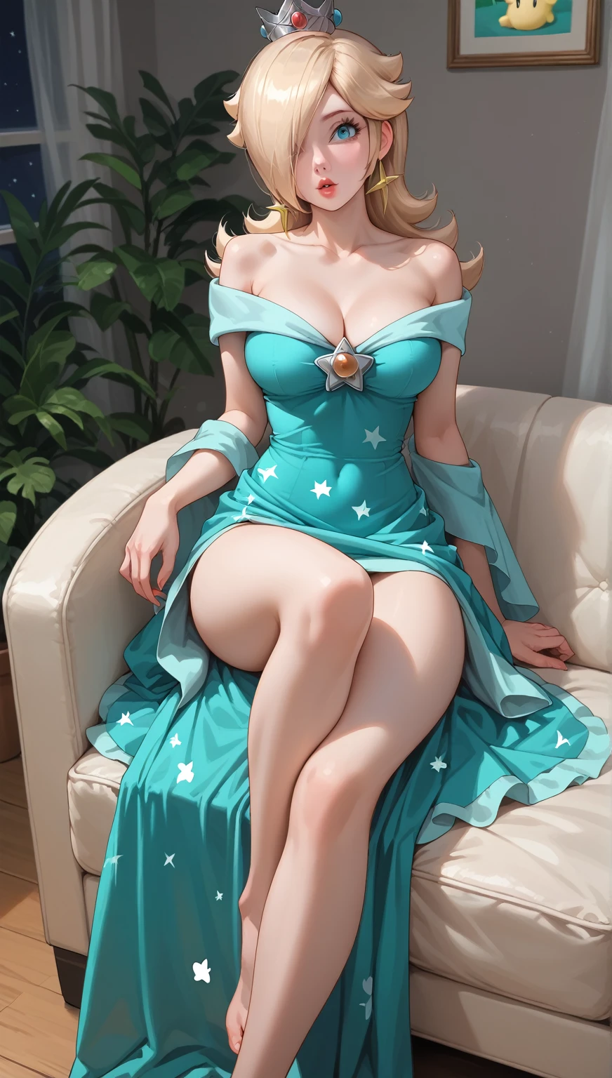 Best Quality, Masterpiece, ultra high resolution,, 1girl, solo, Princess Rosalina, super Mario Bros, Princess Rosalina, Hot cleavage, starry night dress, crossed legs in sexy pose, sit down, Star-shaped neckline, qos, queen of spades,