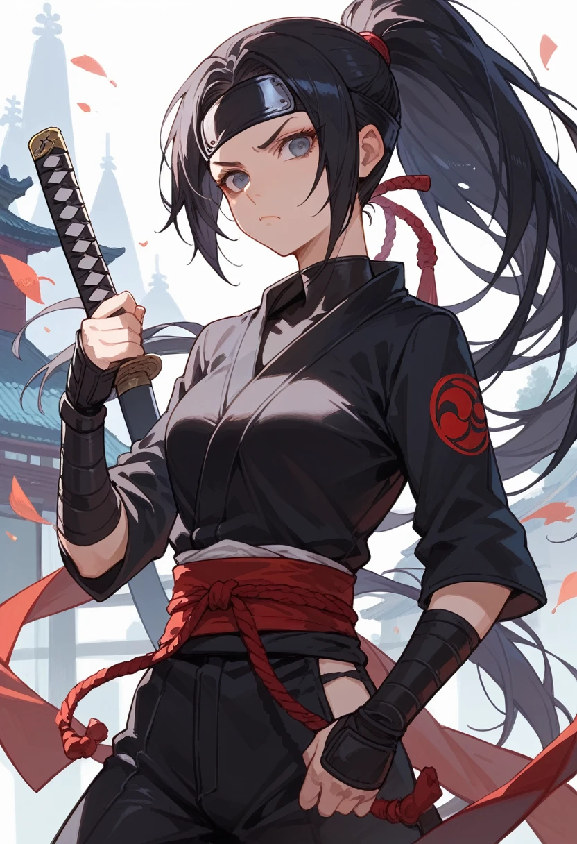 score_9, score_8_up, score_7_up, beauty ninja girl, high ponytail, black ninja outfit, Katana sword, Shuriken, Kunai, serious face, Japanese castle in the background, 