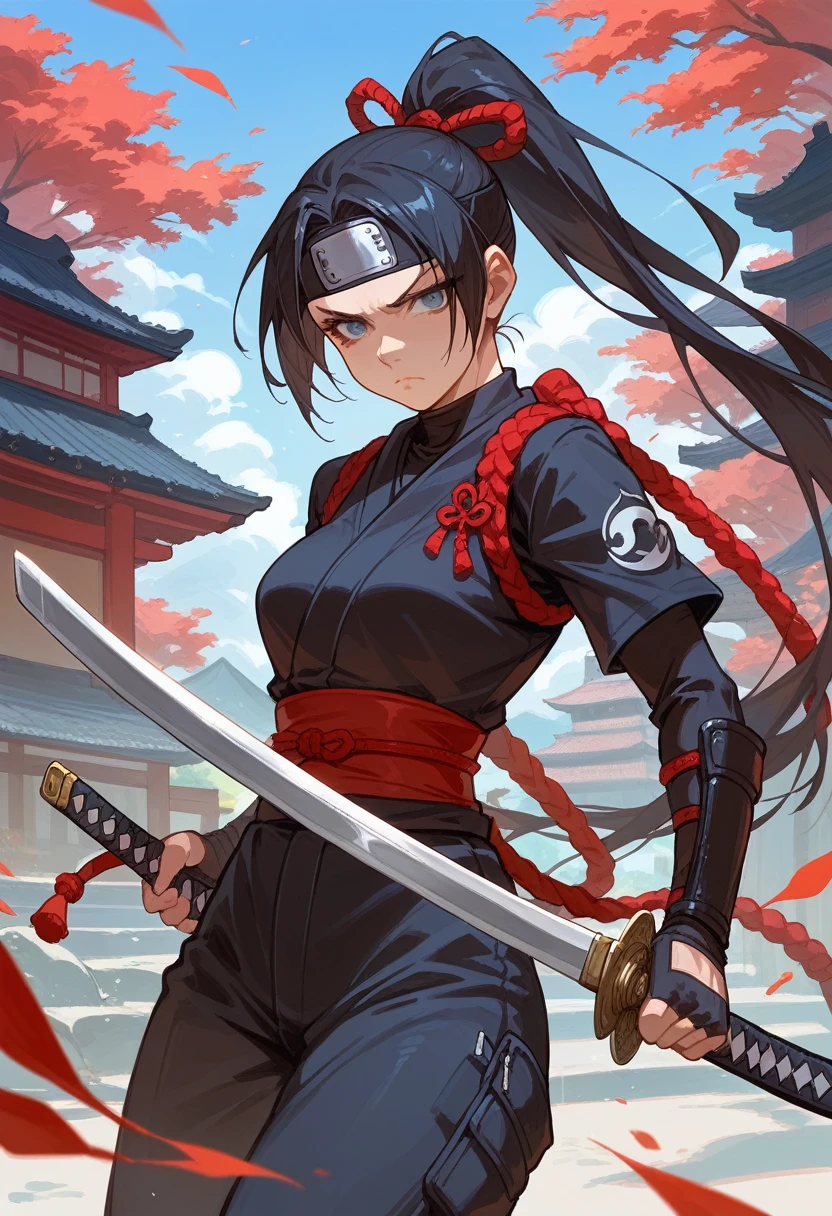 score_9, score_8_up, score_7_up, beauty ninja girl, high ponytail, black ninja outfit, Katana sword, Shuriken, Kunai, serious face, Japanese castle in the background, 