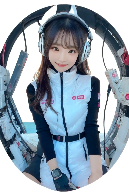 masterpiece, Highest quality, Very detailed, 8K Portrait,Japanese Android Girl,plump , Control panel,Robotic arms and legs, Blunt bangs,,break (Metallic Gray, Metallic luster, Mirror finish, Astro Best):5,headphone:5,break (Black sleeves):100,Smart Watches,Futuristic space station,Control Room,break headphone,blue eyes,(Black Hair):2,(Long Hair):1.3,Displaying the viewer,(respirator),break blush:3,Hidden Hand,smile