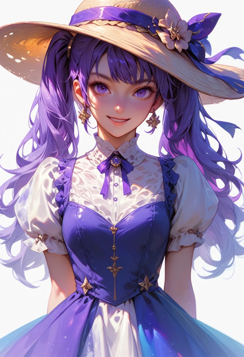 masterpiece, best quality, 1girl, rirukadokugamine, purple hair, twintails, long hair, dress, hat, arms behind back, upper body, smile, solo, looking at viewer, simple background, white background 