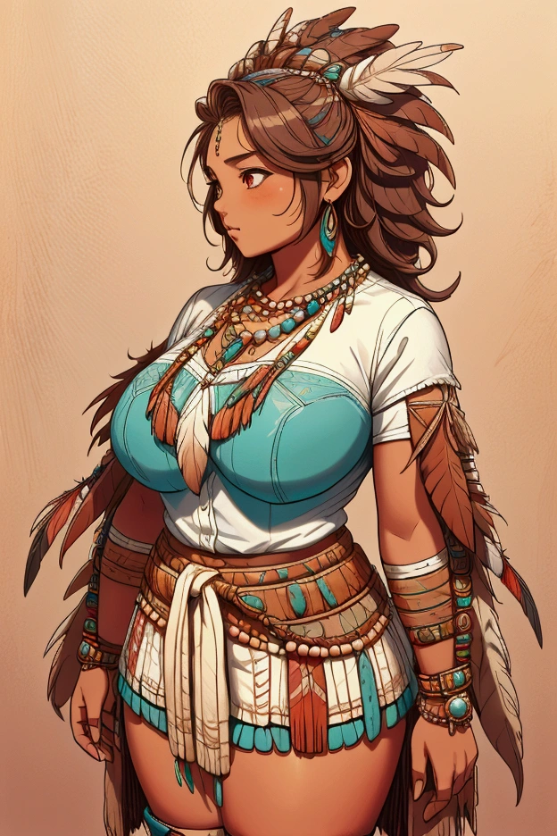 Mosi is a short, chubby, navajo female. Her skin is slightly tan and her hair is short and curly, adorned with various colored beads of her culture. She has a brown hawk feather sticking out of her hair. Her eyes are dark brown. Her hips are very round She wears a white-knee-high pair of moccasins and dark blue bellbottom jeans with a leather concho adorned with turquoise rocks. she wears a white button up shirt that tucks into her jeans and various necklaces. She wears a brown velvet shawl on her shoulders EMPHASIS ON THE BROWN SHAWL. AND HER CLOTHES ARE OLD WESTERN STYLE, FEATHERS STICKING FROM HAIR.