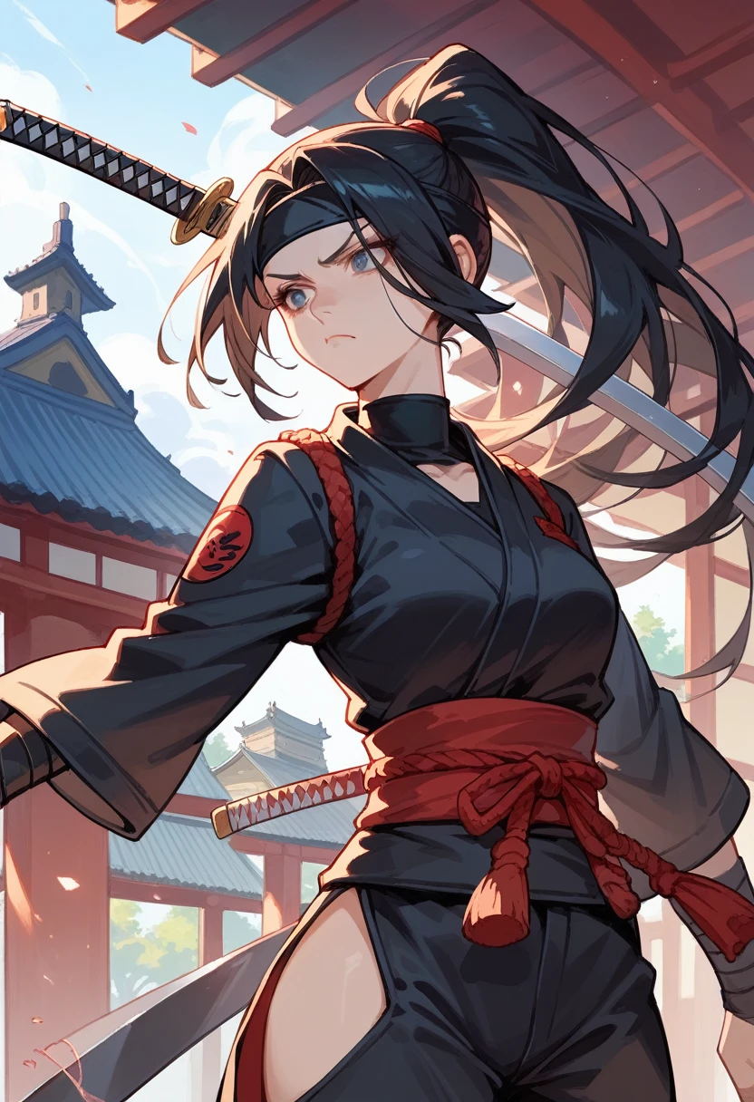 score_9, score_8_up, score_7_up, beauty ninja girl, high ponytail, black ninja outfit, Katana sword, Shuriken, Kunai, serious face, Japanese castle in the background, 