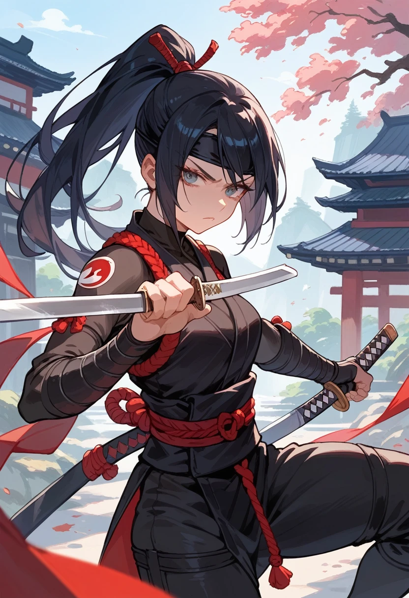 score_9, score_8_up, score_7_up, beauty ninja girl, high ponytail, black ninja outfit, Katana sword, Shuriken, Kunai, serious face, Japanese castle in the background, 