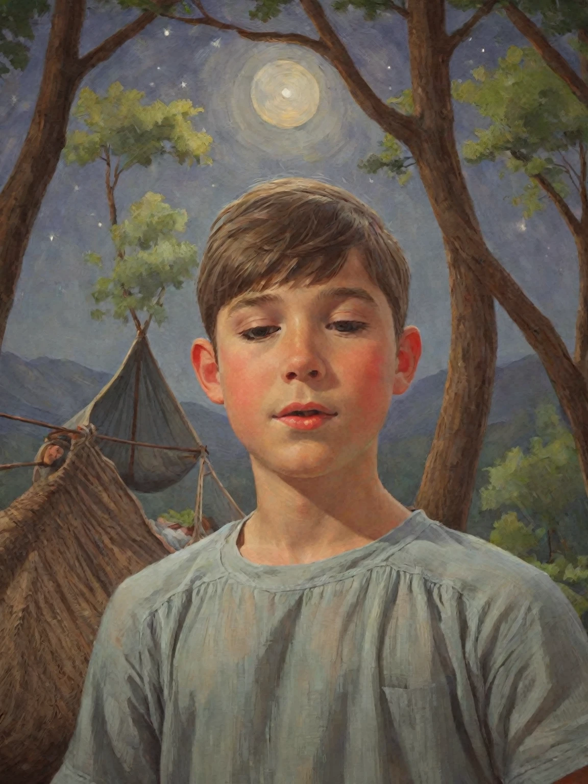 masterpiece, hi-res, boy,sleeping in hammock, nightgown, (travel men), woods, trees, mounts, tents, picnic, adventure  