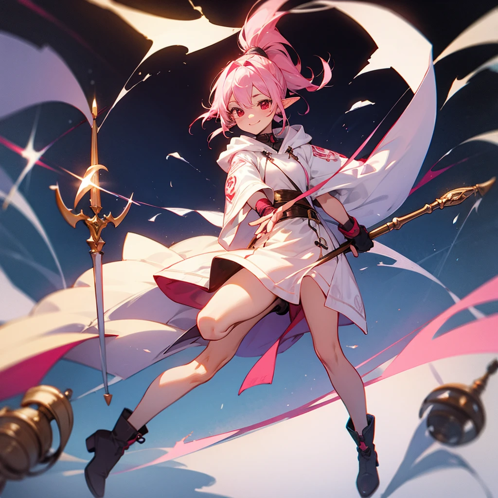 female, elf, wizard, happy, smiling,  light pink hair, braids ponytail,  red eyes, hoodie, gloves, boots, with a staff, fantasy