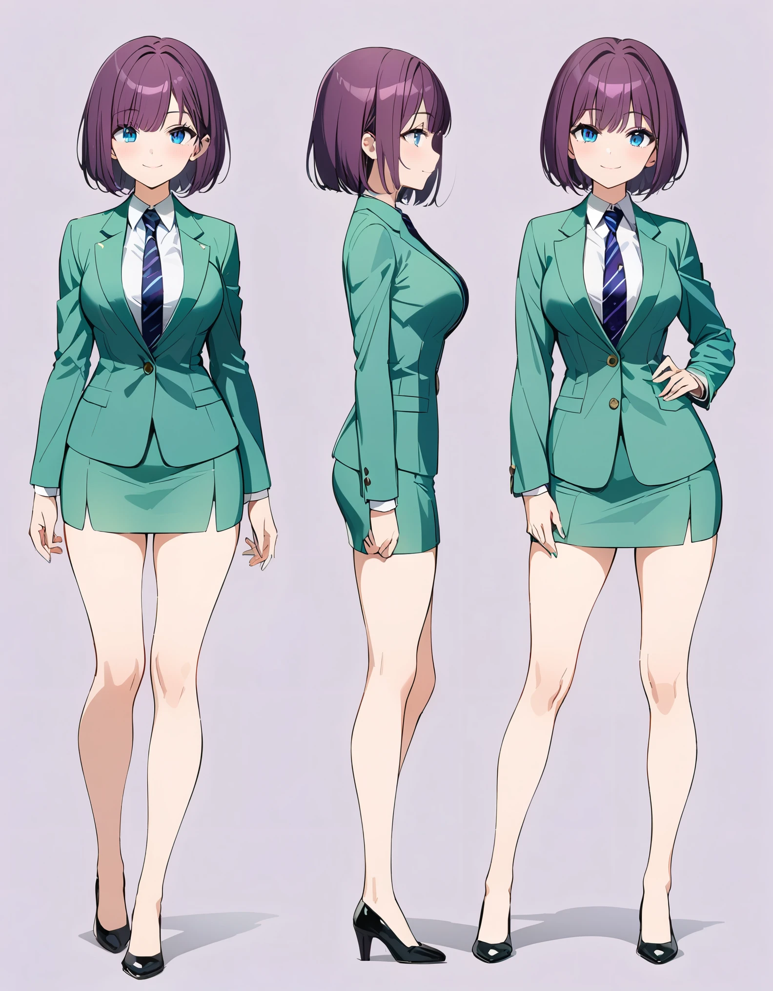(masterpiece), (best quality), (highres), 1girl, solo, highly detailed, green suit and tie, pencil skirt, miniskirt, bare legs, matching shoes, looking at viewer, perfect hands, perfect eyes, perfect legs, perfect arms, perfect fingers, medium breasts, purple hair, short hair, bob hair, blue eyes, standing, smile, full body with costume. Simple background, multiple views of the same character,model sheet,chatacter sheet