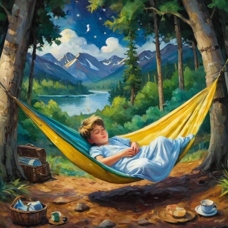 masterpiece, hi-res, boy,sleeping in hammock, nightgown, (travel men), woods, trees, mounts, tents, picnic, adventure  