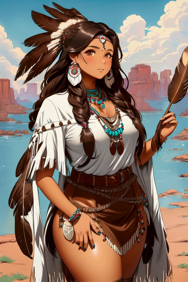 Mosi is a short, chubby, navajo female. Her skin is slightly tan and her hair is short and curly, adorned with various colored beads of her culture. She has a brown hawk feather sticking out of her hair. Her eyes are dark brown. Her hips are very round She wears a white-knee-high pair of moccasins and dark blue bellbottom jeans with a leather concho adorned with turquoise rocks. she wears a white button up shirt that tucks into her jeans and various necklaces. She wears a brown velvet shawl on her shoulders EMPHASIS ON THE BROWN SHAWL. AND HER CLOTHES ARE OLD WESTERN STYLE, FEATHERS STICKING FROM HAIR.