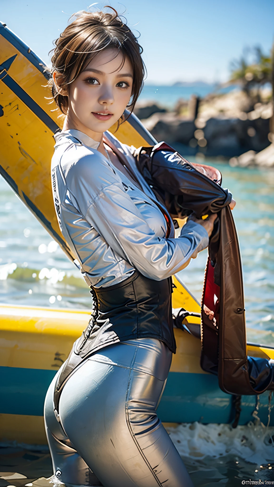 Gwen Tennyson,1 Girl,Tracer,morality.and,Rebecca Chambers,Overwatch,gundam,close up,Mech pilot,Sea view,White and rose corset,hairpin,corset,White Long Sleeve Lycra Top,Orange leggings,short hair,Cute makeup,Green Eyes,Orange Hair,Shy laugh,freckle,Red hair,beautiful girl,,Extremely detailed,Realism,Fantasy Art,surf jacket,surf board,wave,surf