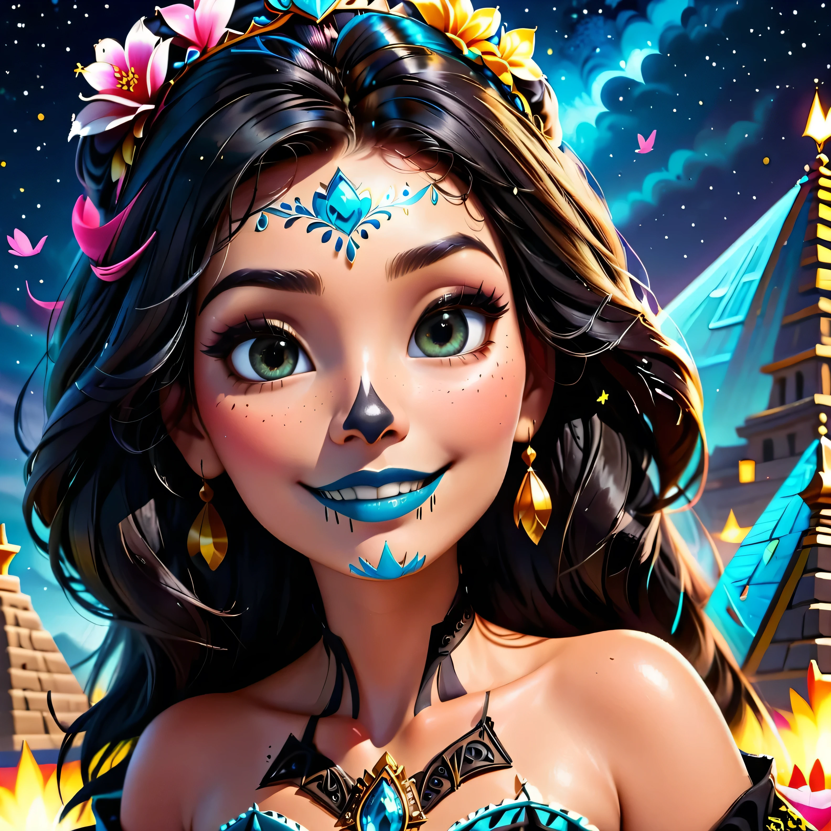  Princess Raya Disney version catrina , young,  female juvenile body , (0.5), extremely long hair , Hairstyle , dark brown color, Light brown eyes,  dressed in a strapless charro ,  with turquoise corcet gold decorations (0.5),  big breasts , smile, pink lips (0.5), compassionate look , painted the entire face in white ,  drawing of a half circle on the sides of the eye and filling with the color up to the height of the eye ,  painted the area with black shadow and complete the circle ,  a trace of petals and decorated lines around the eye frame and placing false eyelashes ,  I draw a diagonal line under the cheekbones ,  blurred downwards applying little by little more shade until reaching the jaw ,  painted the tip of the nose like a curve in black , labial azul en el centro de los labios en forma de corazón y proceder a pintar los dientes en forma de smile con pintura negra parte superior del cuerpo, walking at night (0.5), alone, starry sky ,  pyramid in a staggered shape ,  It has four sides ,  a rectangular platform 55 . 5 meters wide and 24 meters high .  Each side has 91 steps ,  2 volcanoes shining in the moonlight ,  Open mouth, alta resolución,  masterpiece , Anatómicamente correcto, necessary, la mejor calidad,  Awarded many times, Detail, Damaged, Details altos, HD model, quality,  high quality,  improvement, Retina, 