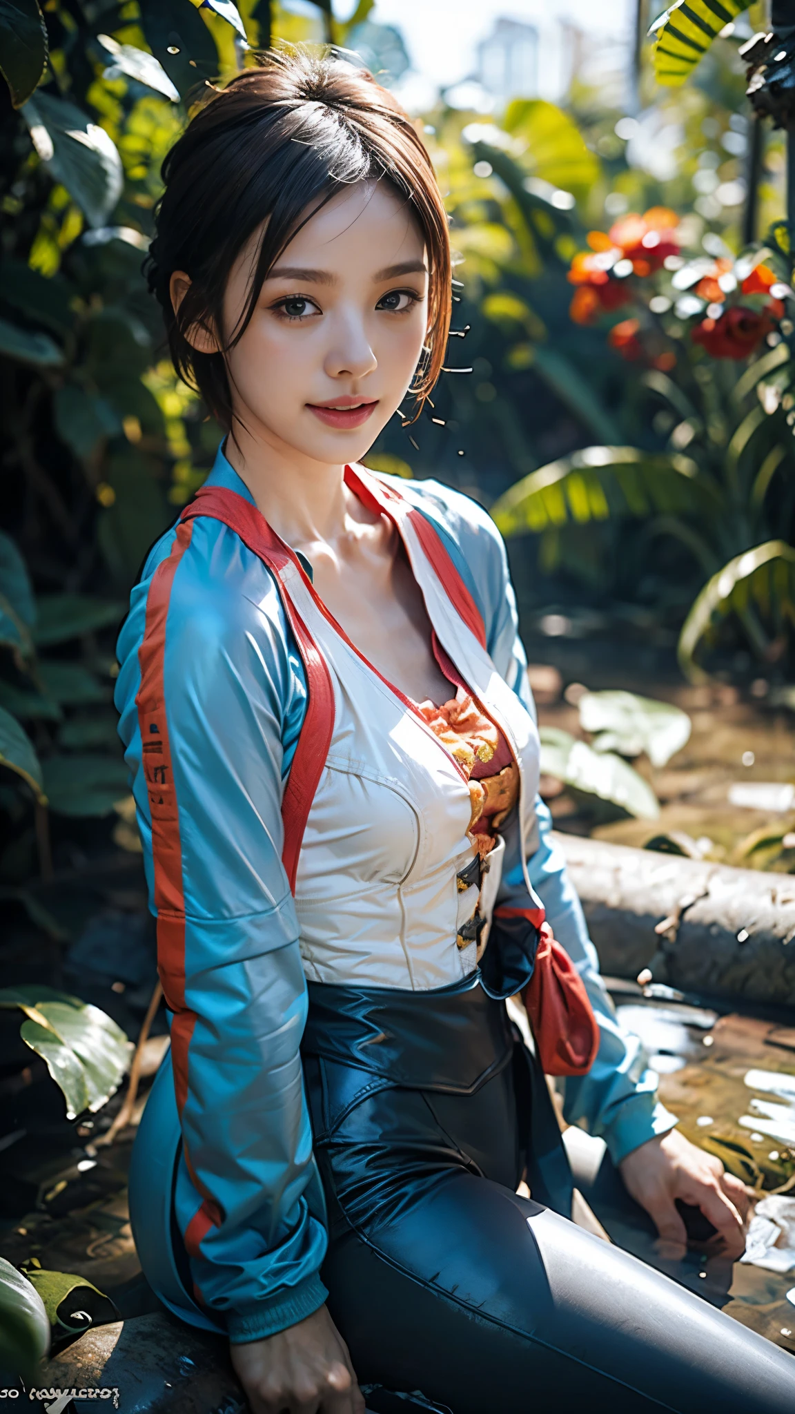 Gwen Tennyson,1 Girl,Tracer,morality.and,Rebecca Chambers,Overwatch,gundam,close up,Mech pilot,Sea view,White and rose corset,hairpin,corset,White Long Sleeve Lycra Top,Orange leggings,short hair,Cute makeup,Green Eyes,Orange Hair,Shy laugh,freckle,Red hair,beautiful girl,,Extremely detailed,Realism,Fantasy Art,surf jacket,surf board,wave,surf
