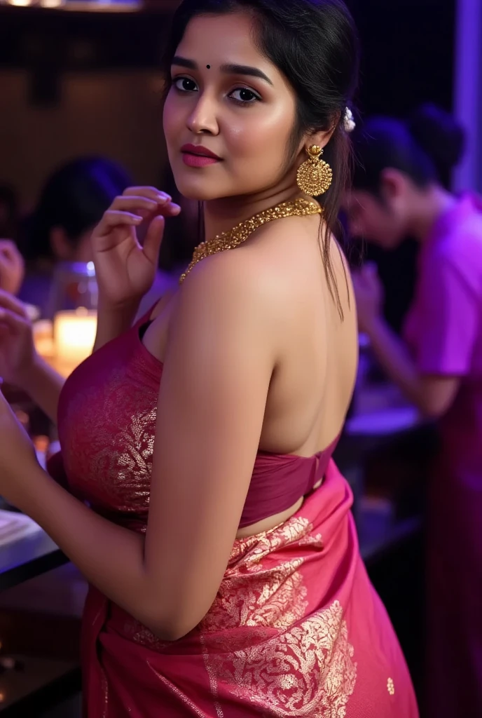 a beautiful woman in a saree, bare back, topless, detailed portrait, highly detailed face, detailed eyes, realistic, photorealistic, 8k, cinematic lighting, bright color tones, glowing skin, intricate fabric details, elegant pose, dramatic shadows, golden jewelry, mystical atmosphere, busty naked , Pooja 