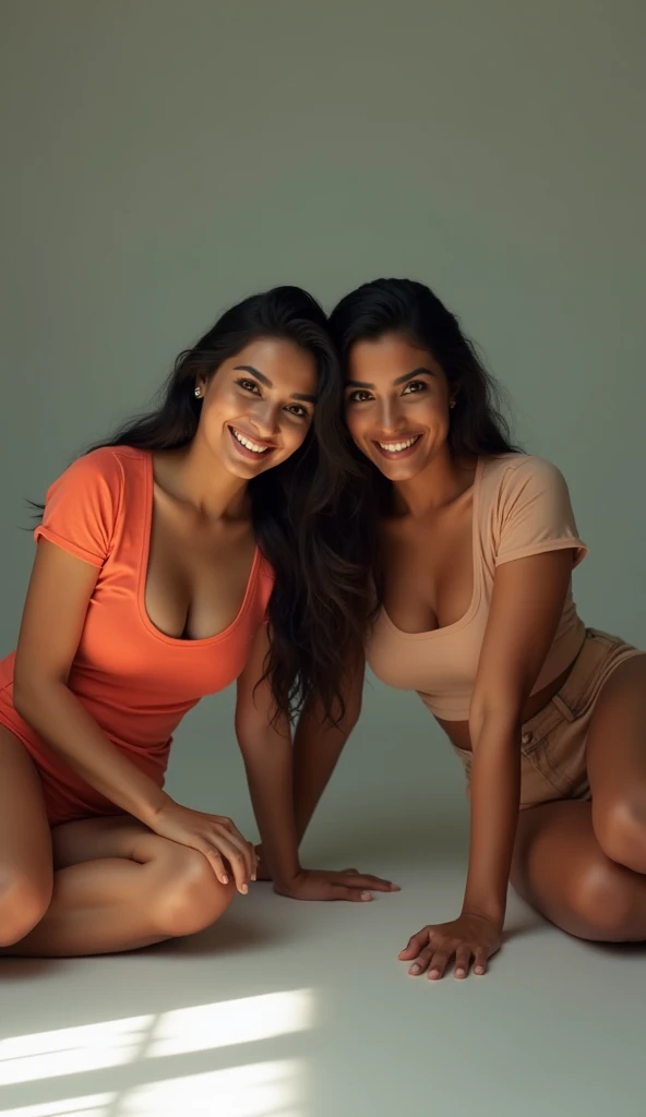 latina woman , long and detailed hair,pretty clothing, perfectbody, she is sitting on the couch with another latina woman, and they are smiling at each other, ultrarrealisitic, extremely detaild, photoshot_\( ultra\), photoshotrealisitic, realisitic, Post-processing, Maximum details, roughness, real-life, ultrarealisitic, photoshotrealism, photoshotgraphy, 8k hd, photoshotgraphy