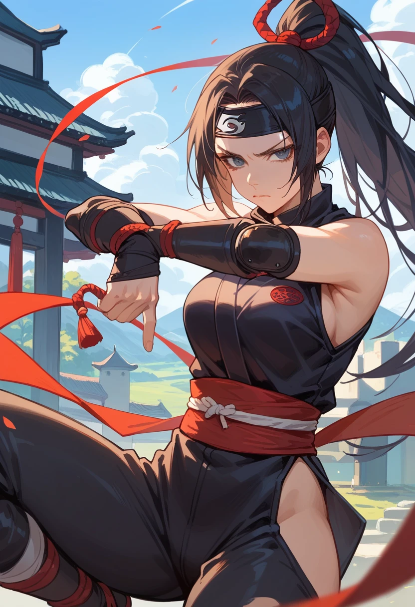 score_9, score_8_up, score_7_up, beauty ninja girl, high ponytail, black ninja outfit, Shuriken, serious face, Japanese castle in the background, 